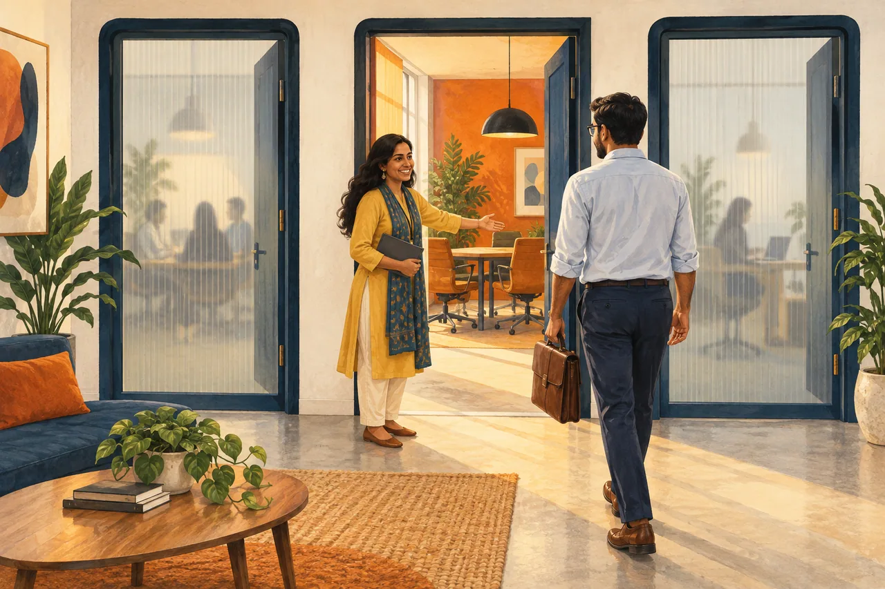 A consultant welcoming a client into a shared space while other work stays private