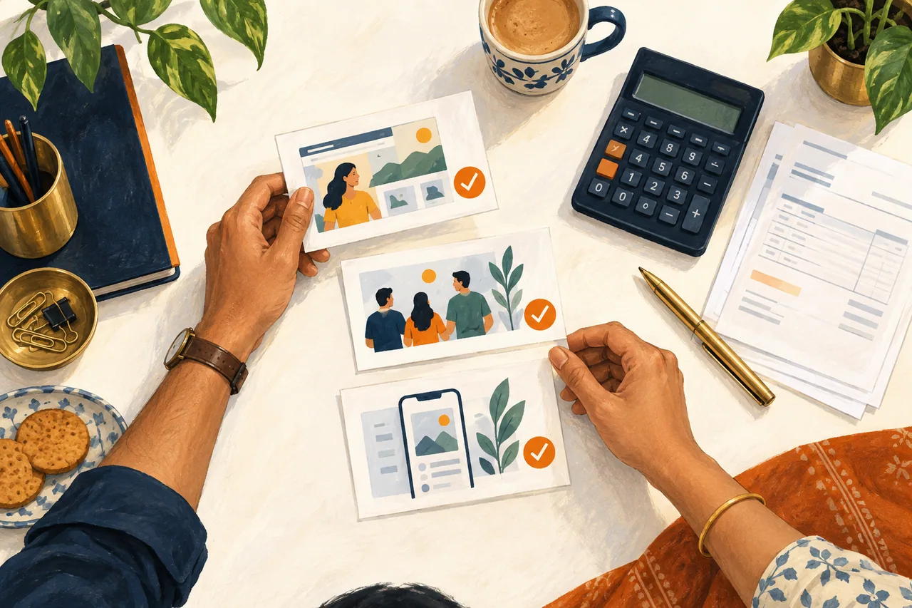 Completed deliverables, an invoice and a calculator on an agency desk