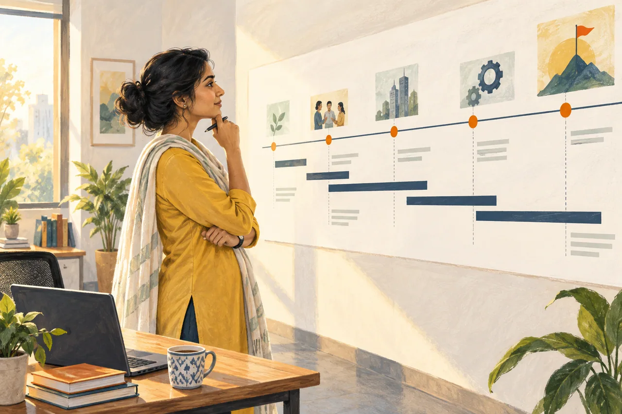 An operations lead reviewing milestones and progress on a timeline